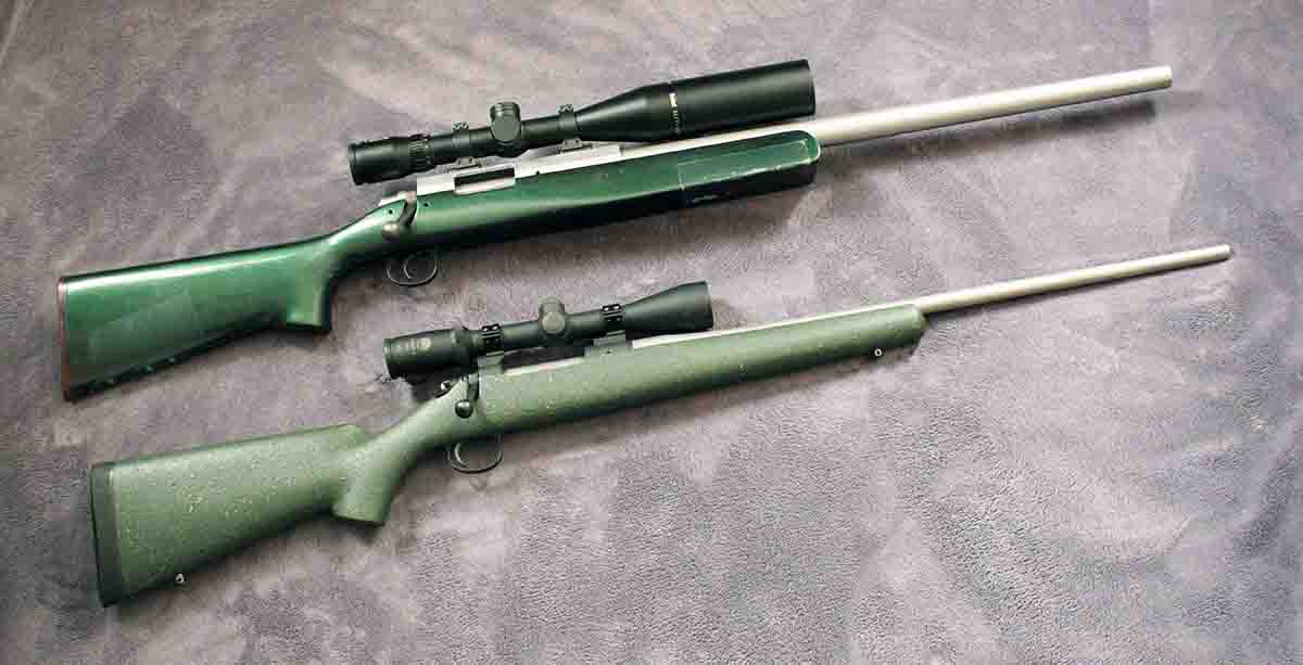 One of the allures of lay-up stocks was their light weight, which allowed benchrest shooters to use heavier barrels and scopes, and “mountain hunters” to carry really light rifles. John’s 6mm PPC bench rifle (top) weighs 13 pounds, a little over twice as much as this New Ultra Light Arms .257 Weatherby (bottom).